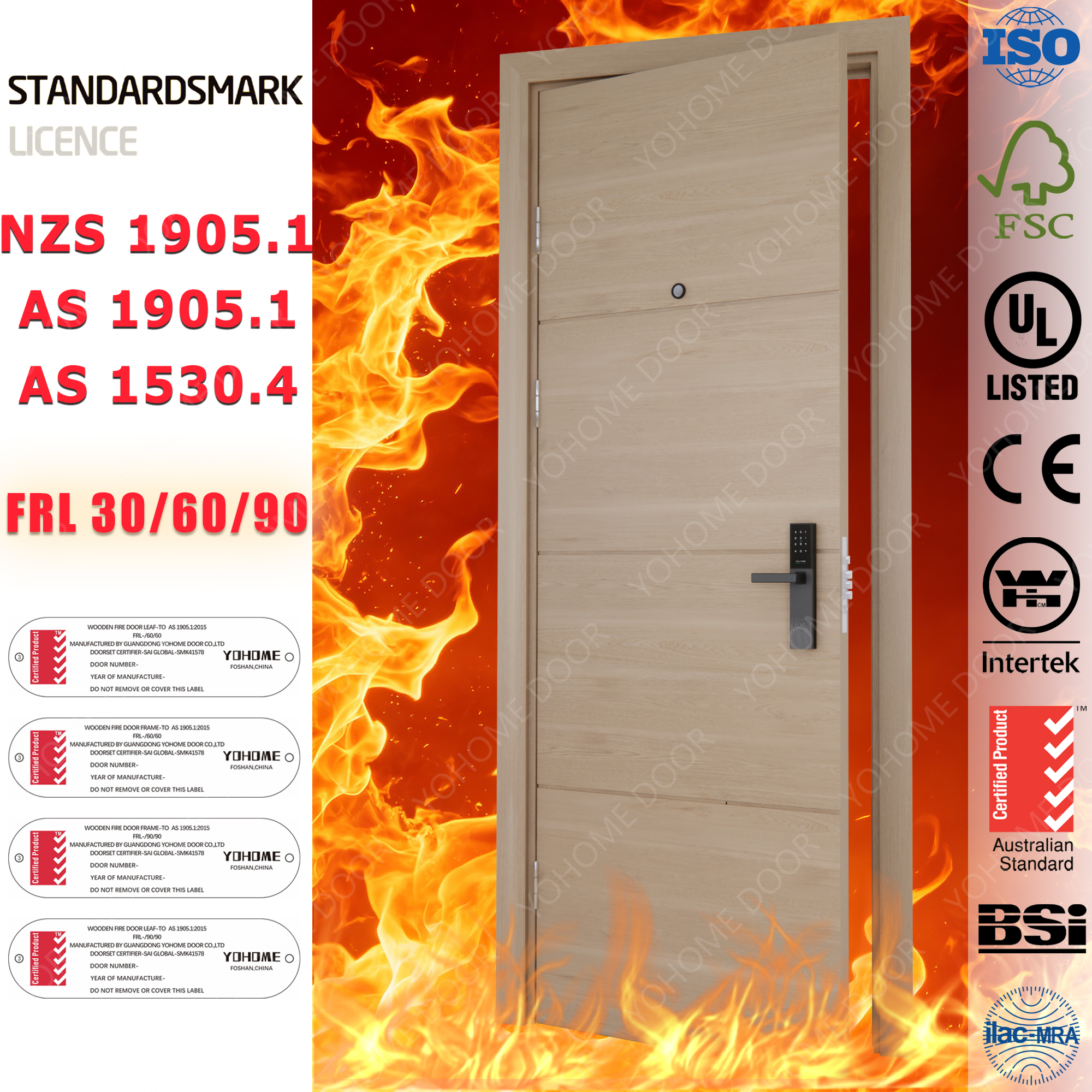 Aus Standard As1905.1 White Oak Engineered Fire Rated Door Fire Resistant Swing Flush Door for Boutique Hotel Guest Room