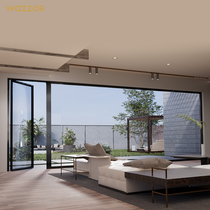 WAZZOR NFRC Certified High Load Bearing 500kg Capacity Aluminum Glass Pivot Door for Luxury Villa Entrance Lobby