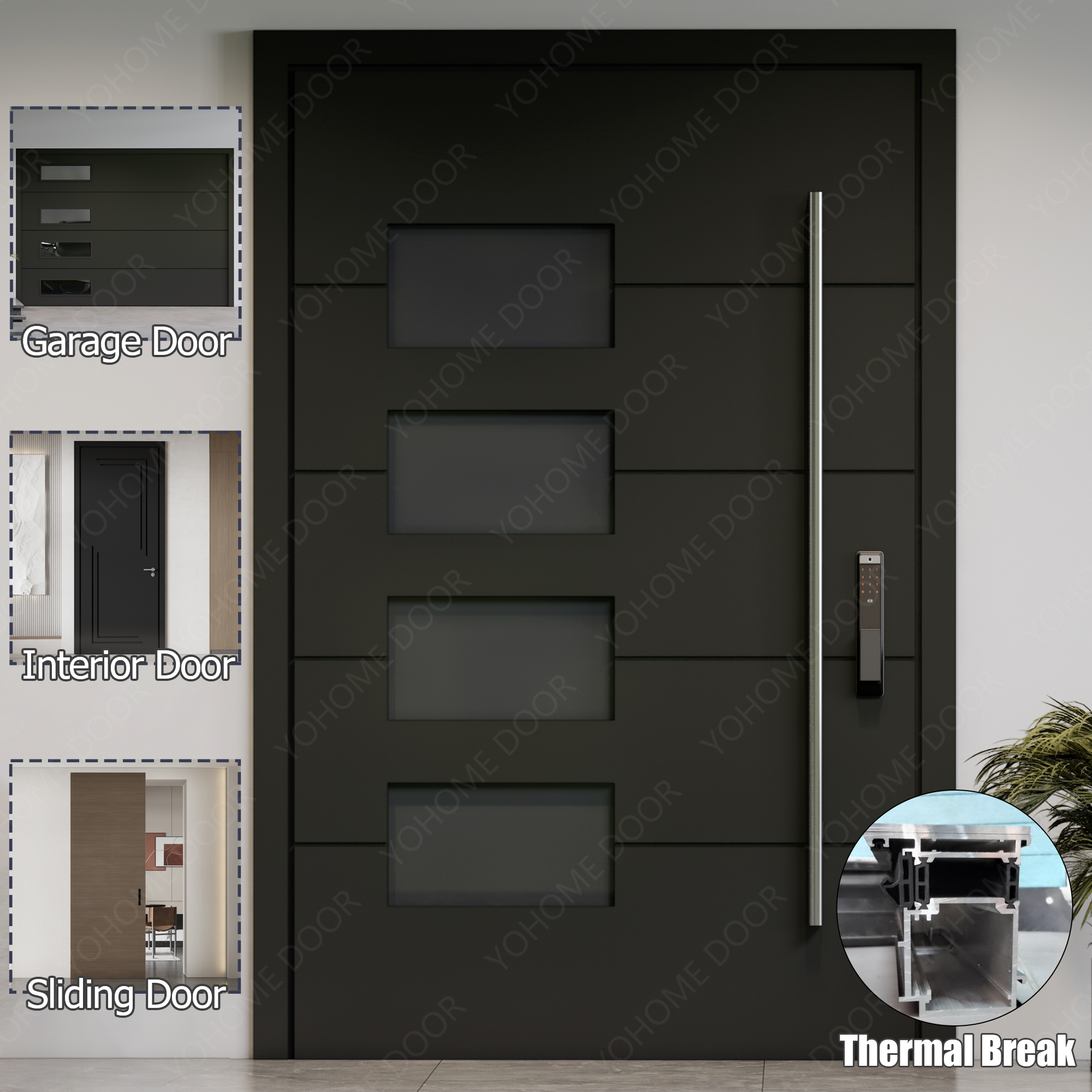 Yohome Villa Main Entrance Doors with Glass Aluminum Front Exterior Doors Modern Stainless Steel Residential Pivot Entry Doors