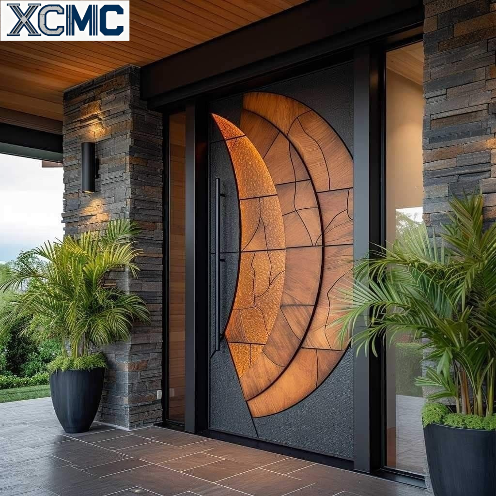 XCMC Modern Villa Hotel Exterior Front Door Aluminum Alloy Wood Glass Construction Pivot Security Design Water Resistant 5-Year