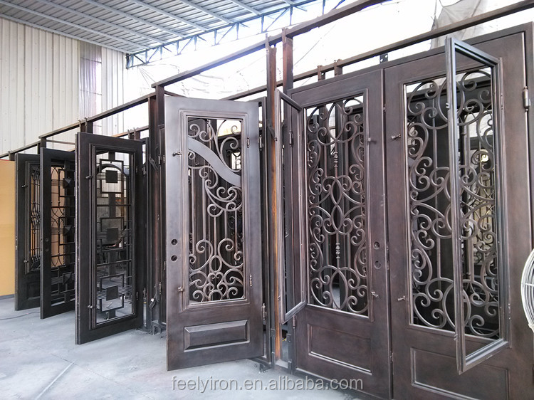 Scroll Iron 2025 Modern Entry Interior Exterior Main Front Wrought Iron Single Security Metal Glass Entrance Steel Pivot Door