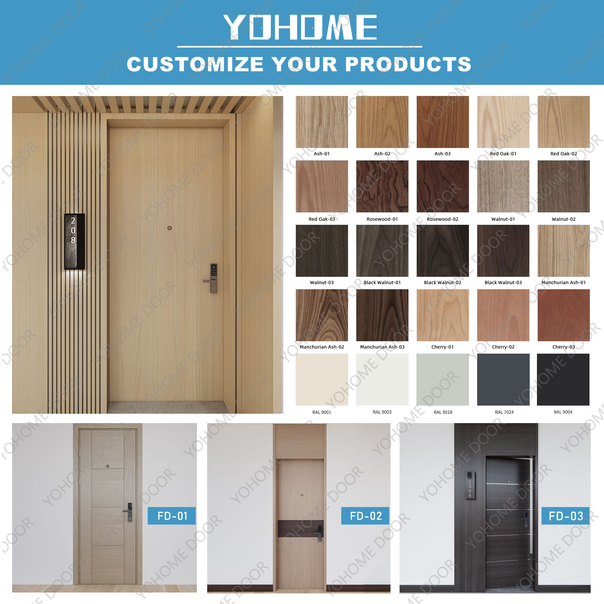 Foshan Fire Door Factory Custom Hotel Room Fire Doors Interior Engineered CE 60 Mins Fire Timber Walnut Fireproof Door