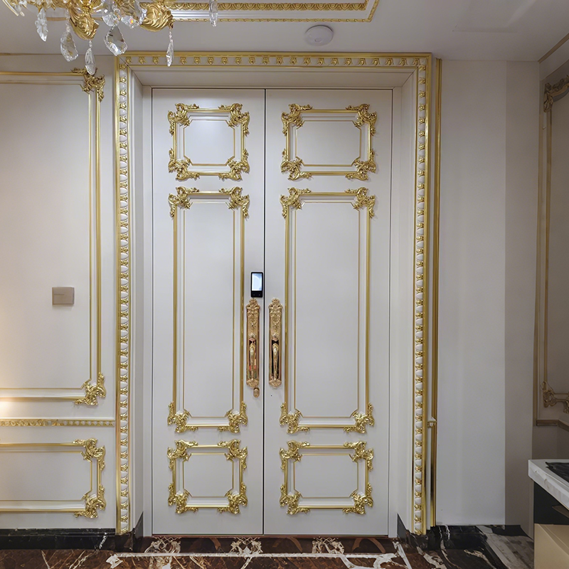 Soundproof Copper Wood Smart Double Door Hand Forged Copper Surface Custom Villa Entrance Security Door
