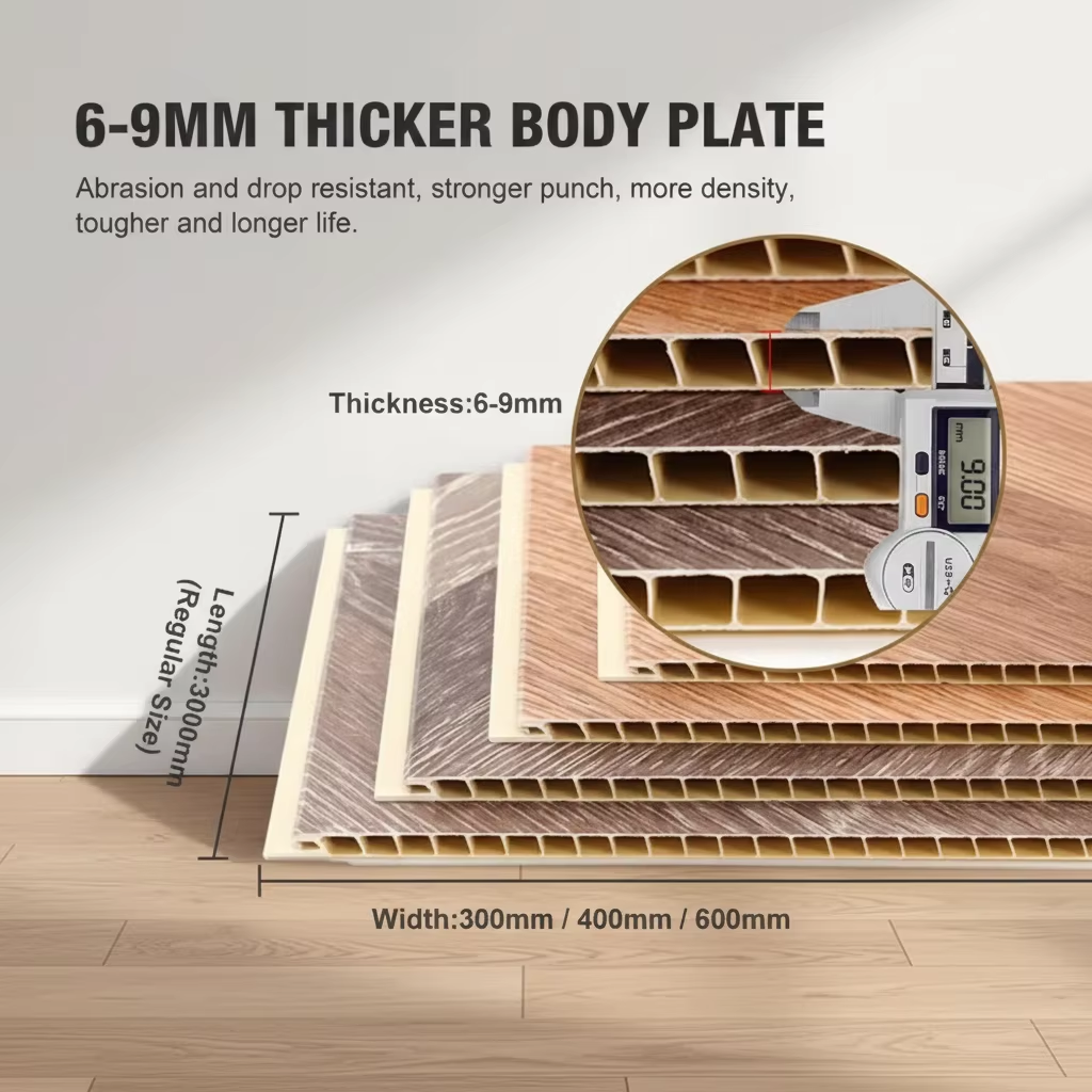 Wood Grain PVC Ceiling Panel 6-10 Mm WPC Board Strip For Interior Decoration 20/25/30 Cm Width Fireproof Waterproof