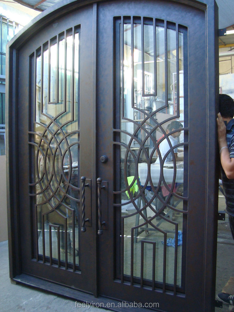 Scroll Iron 2025 Modern Entry Interior Exterior Main Front Wrought Iron Single Security Metal Glass Entrance Steel Pivot Door