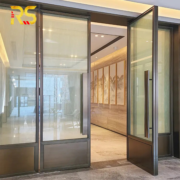 Luxury Hotel Rose Gold Entry Door Floor Spring Glass Door With Rose Gold Stainless Steel Frame