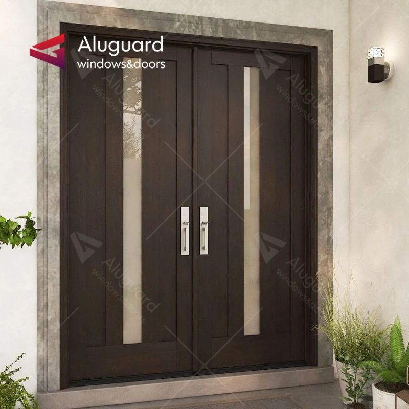 Modern Aluminum Pocket Style Front Entry Door Glass External Stone Panel Pivot Double Door for Exterior or Villa Application