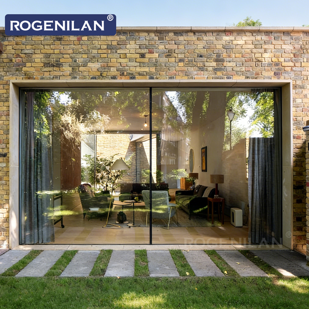 ROGENILAN Villa Windproof Exterior Sliding Glass Doors Aluminum Double Glazed Trackless Panoramic Patio Door