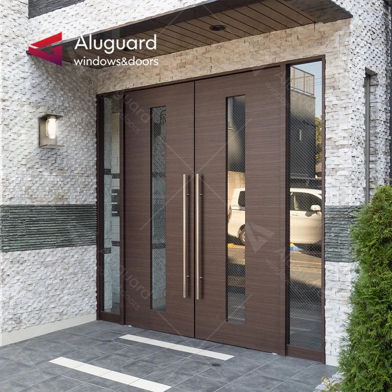 Modern Aluminum Pocket Style Front Entry Door Glass External Stone Panel Pivot Double Door for Exterior or Villa Application