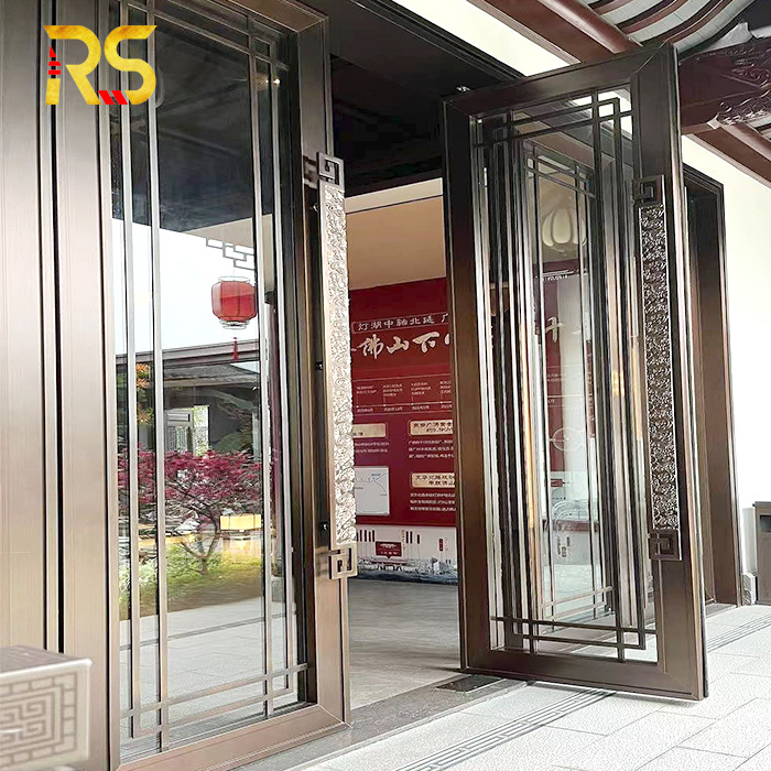 Luxury Hotel Rose Gold Entry Door Floor Spring Glass Door With Rose Gold Stainless Steel Frame