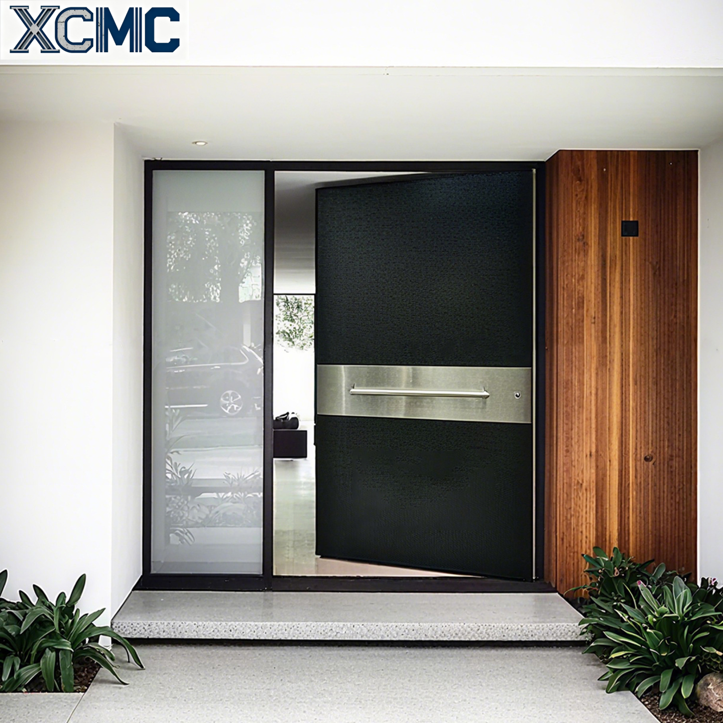 XCMC Modern Villa Hotel Exterior Front Door Aluminum Alloy Wood Glass Construction Pivot Security Design Water Resistant 5-Year