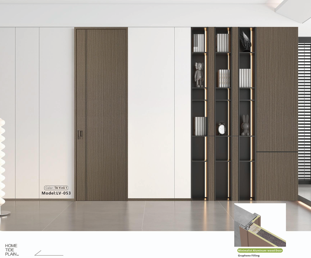 Modern Slim Aluminum Wood Interior Door Frameless Hidden Bedroom Soundproof Room Door Custom Home Wooden Door