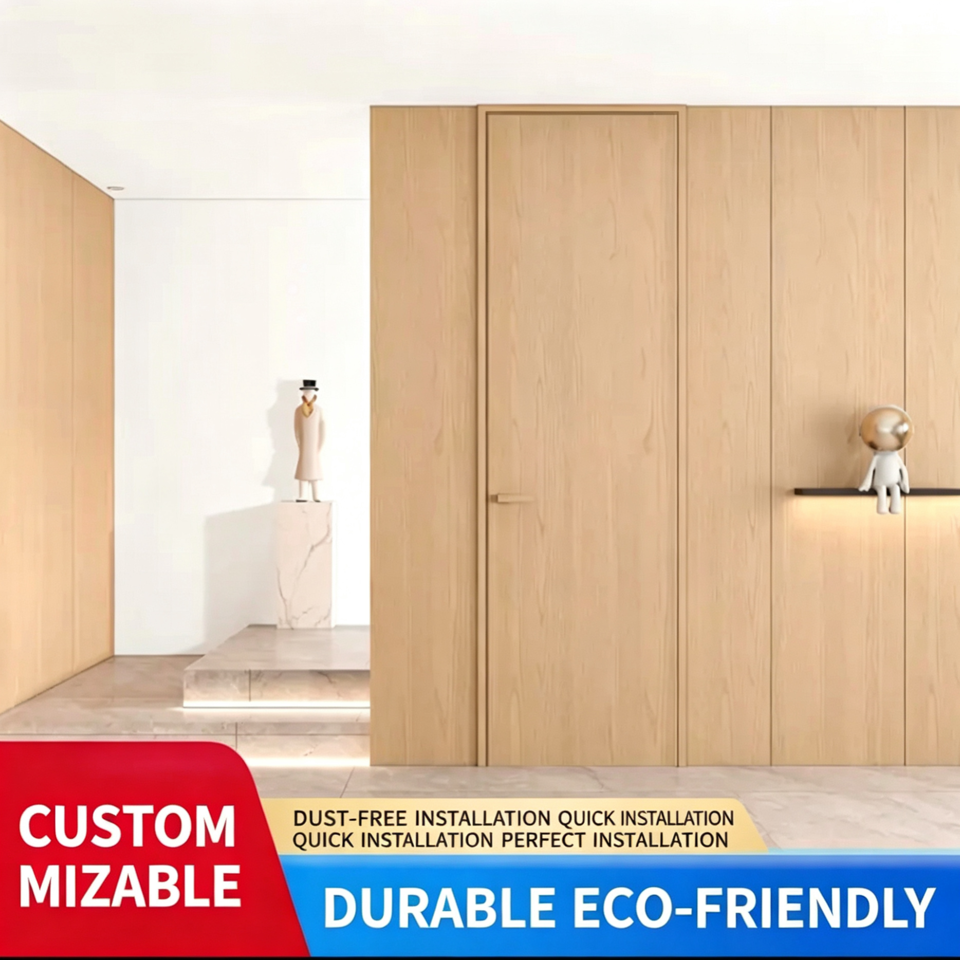Modern Slim Aluminum Wood Interior Door Frameless Hidden Bedroom Soundproof Room Door Custom Home Wooden Door