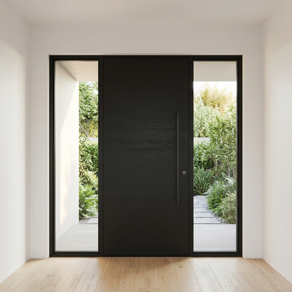 Heavy Duty Weatherproof Solid Wood Pivot Entry Door With Camera Sidelight Aluminum Glass for Professional Apartment