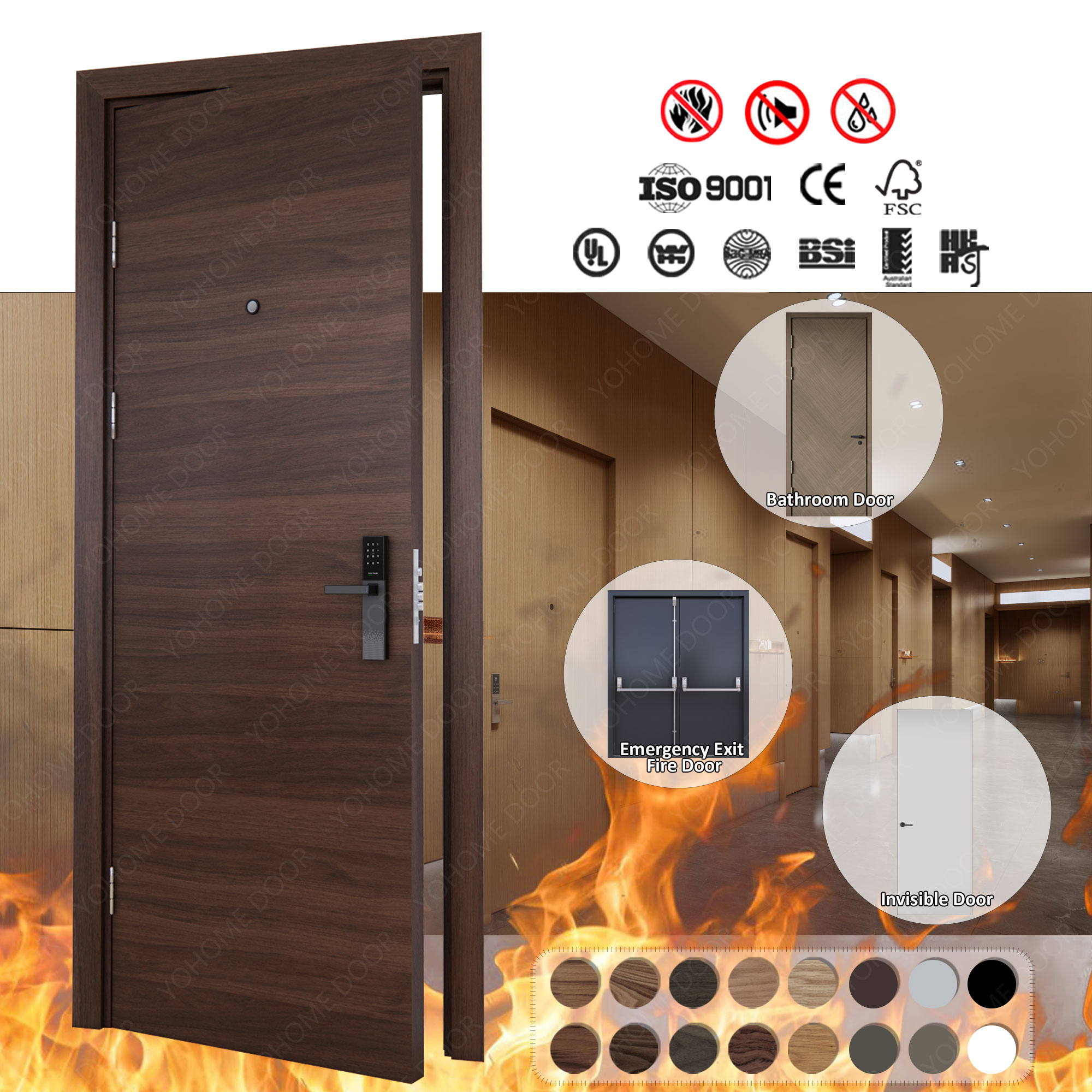 Foshan Fire Door Factory Custom Hotel Room Fire Doors Interior Engineered CE 60 Mins Fire Timber Walnut Fireproof Door