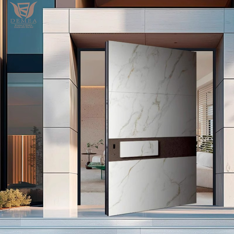 DEMEA China Manufacturer Custom Exterior Door Heavy Duty Antitheft Villa Main Entrance Wood Look Finish Cast Aluminum Pivot Door