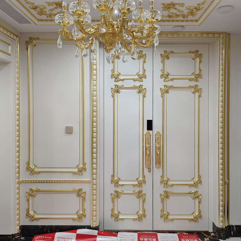 Soundproof Copper Wood Smart Double Door Hand Forged Copper Surface Custom Villa Entrance Security Door