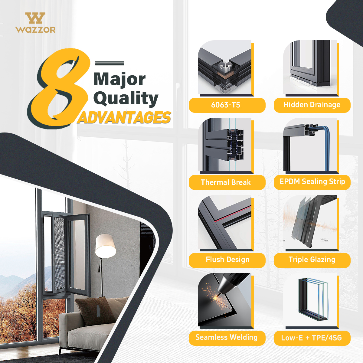 WAZZOR NFRC Certified High Load Bearing 500kg Capacity Aluminum Glass Pivot Door for Luxury Villa Entrance Lobby