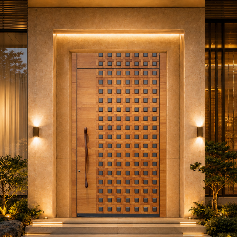 Dezoton Luxury Teak Wood Armored Entry Door with Red Copper and Antique Brass Design for Villa