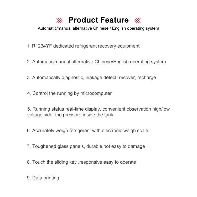 R1234yf Dedicated Refrigerant Recovery Equipment Automatic/Manual Alternative Chinese/English Operating System