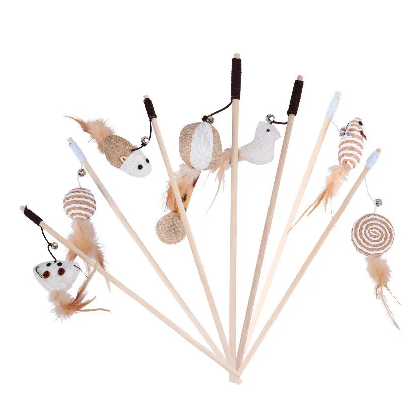 Kitten Mouse Wand Wood Pole Fake Feather Fish Cat Teaser Pet Wand Toy with Bell Chewing Toys Cat Interactive Toys Pet Supplies