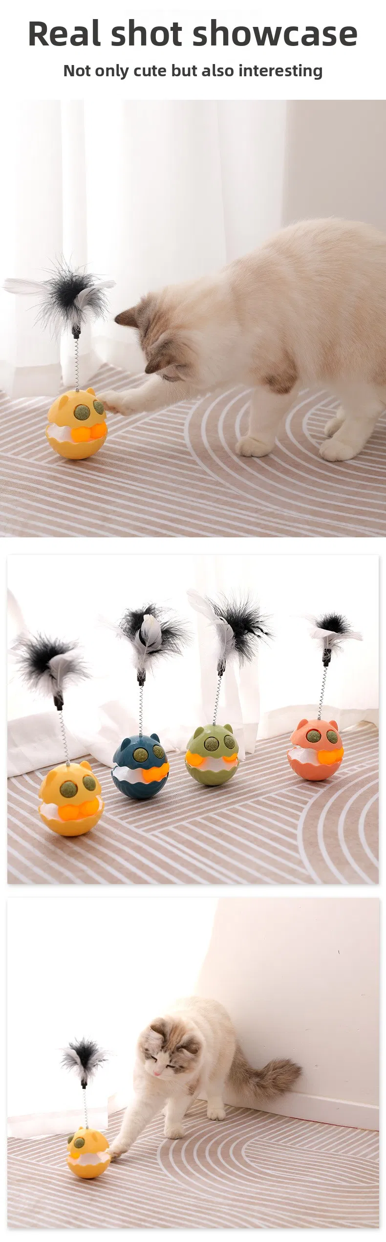 Self-Righting Catnip Cat Toy with Feather and Bell Teaser Wand for Kittens & Cats