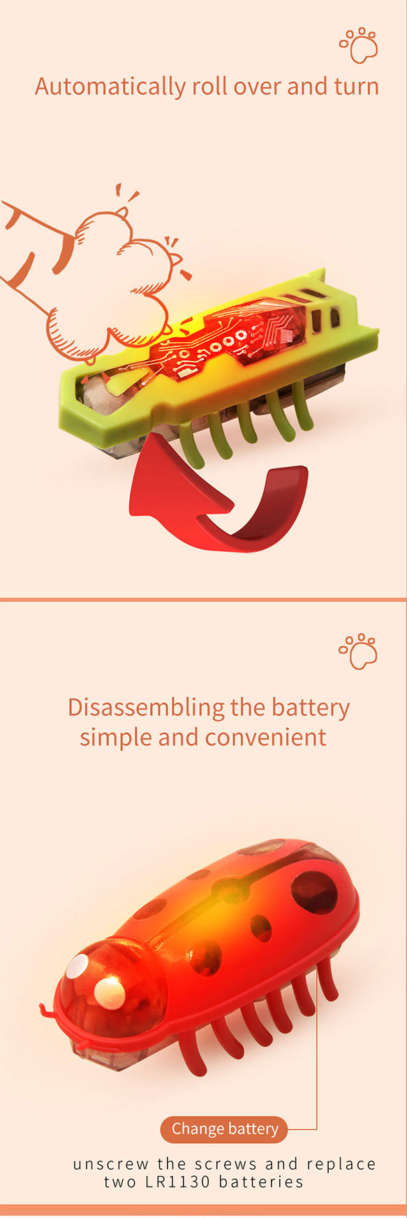 Interactive Smart Cat Toys-Durable Plastic Electric Ladybug Worm Small Indoor Electric Toy