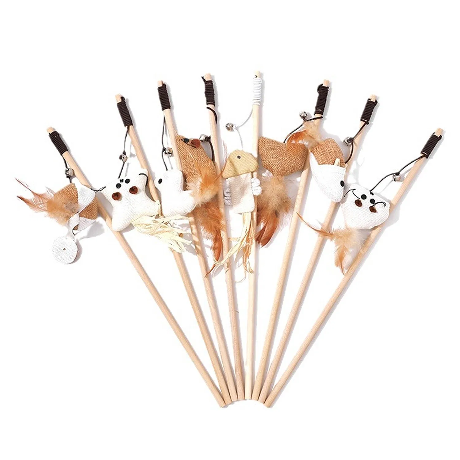 Kitten Mouse Wand Wood Pole Fake Feather Fish Cat Teaser Pet Wand Toy with Bell Chewing Toys Cat Interactive Toys Pet Supplies