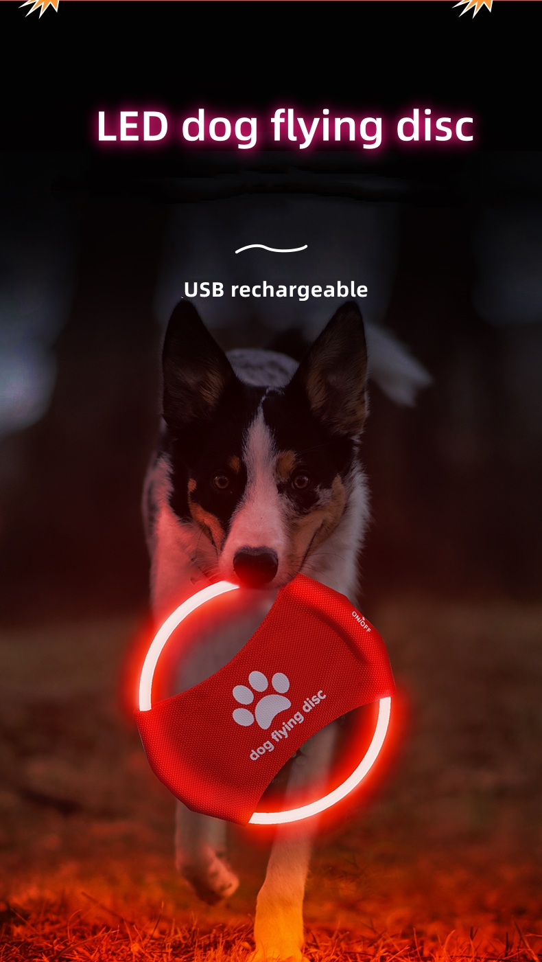 USB Rechargeable Eco-Friendly LED Flying Disc Outdoor Dog Fetch Night Luminous Light Training Pet Toy Nylon/Pu Fashion Design
