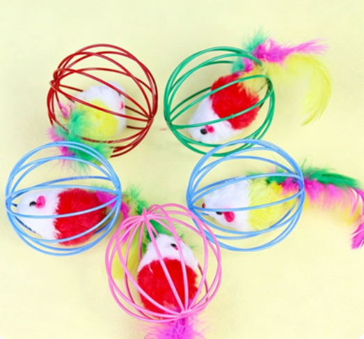 Playpal Cat Toy Cage Mouse Teaser Wand With Artificial Feather Tail Mini Mouse Cage With Ball Self Play Toy For Cats Random