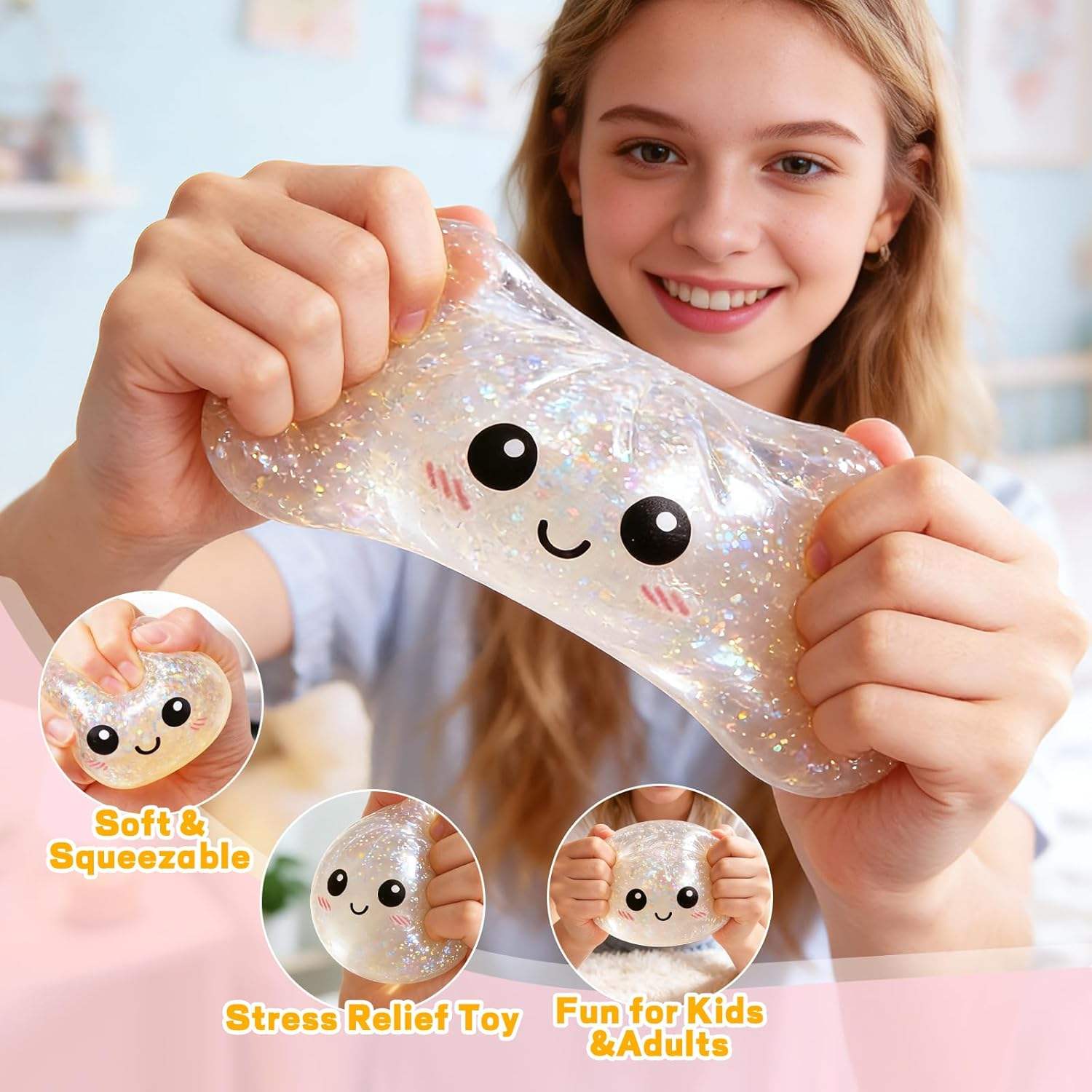 Promotional Smile Face Glitter Ribbon Dumpling Steamed Bun Squeeze Toy Mystery Dumpling Squishy Stress Ball Blind Box Fidget Toy