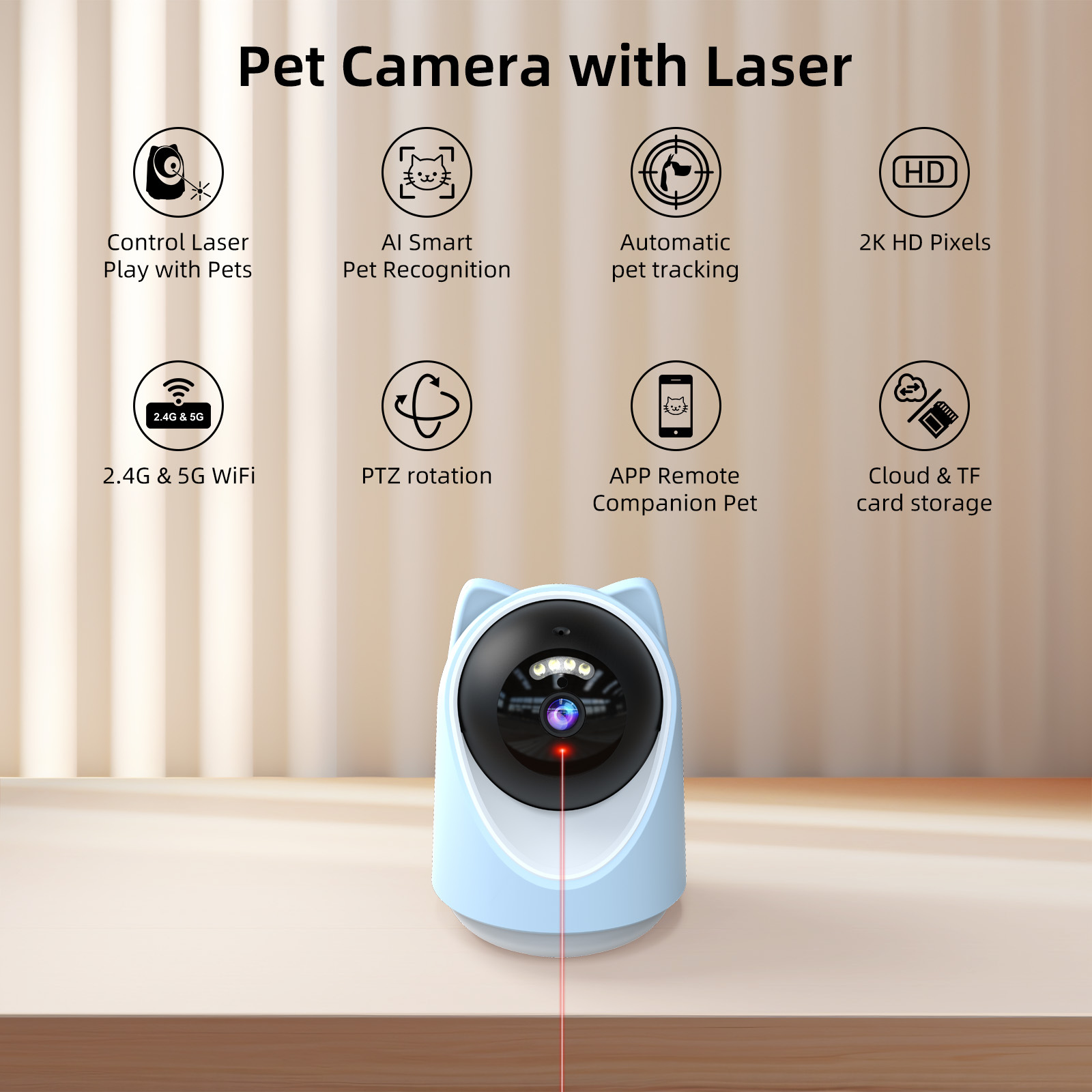 Automatic Pet Tracking Camera with Interactive Laser Toy Control Real Time Monitoring Auto-Rotate Full Coverage for Pet Play
