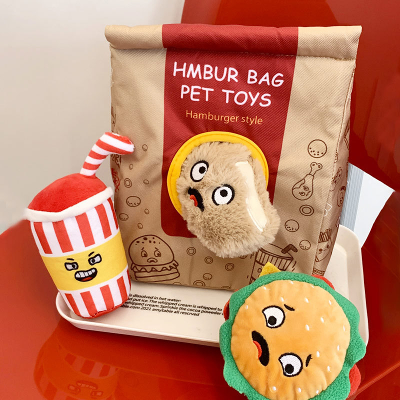 New Design Pet Squeaky Toys Gift Set Potato Chips Plush Dog Chew Toy Durable Hamburg Interactive Pet Plush Chew Toys