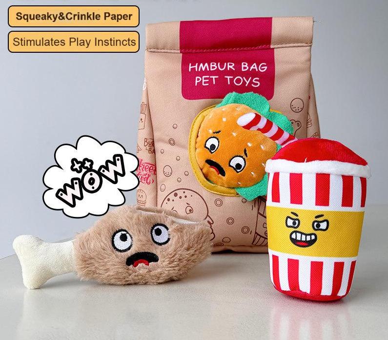 New Design Pet Squeaky Toys Gift Set Potato Chips Plush Dog Chew Toy Durable Hamburg Interactive Pet Plush Chew Toys