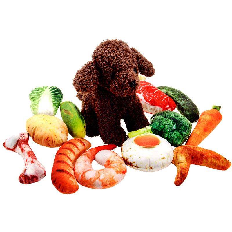 Best Selling Simulation Interactive Chew Pet Dog Toys Super Soft Plush Vegetables Bread Meat Filling PP Cotton Squeak Pet Toys