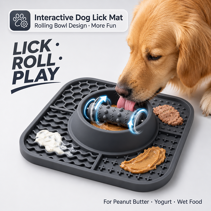 Interactive Dog Lick Mat With Rolling Bowl Slow Feeder Dog Enrichment Toy Silicone Lick Pad For Peanut Butter Yogurt Wet Food