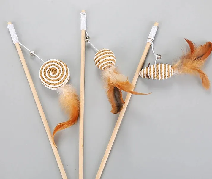Kitten Mouse Wand Wood Pole Fake Feather Fish Cat Teaser Pet Wand Toy with Bell Chewing Toys Cat Interactive Toys Pet Supplies