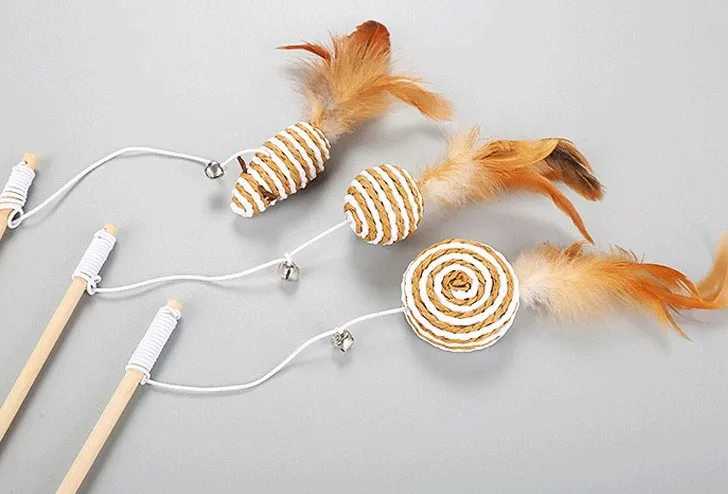 Kitten Mouse Wand Wood Pole Fake Feather Fish Cat Teaser Pet Wand Toy with Bell Chewing Toys Cat Interactive Toys Pet Supplies