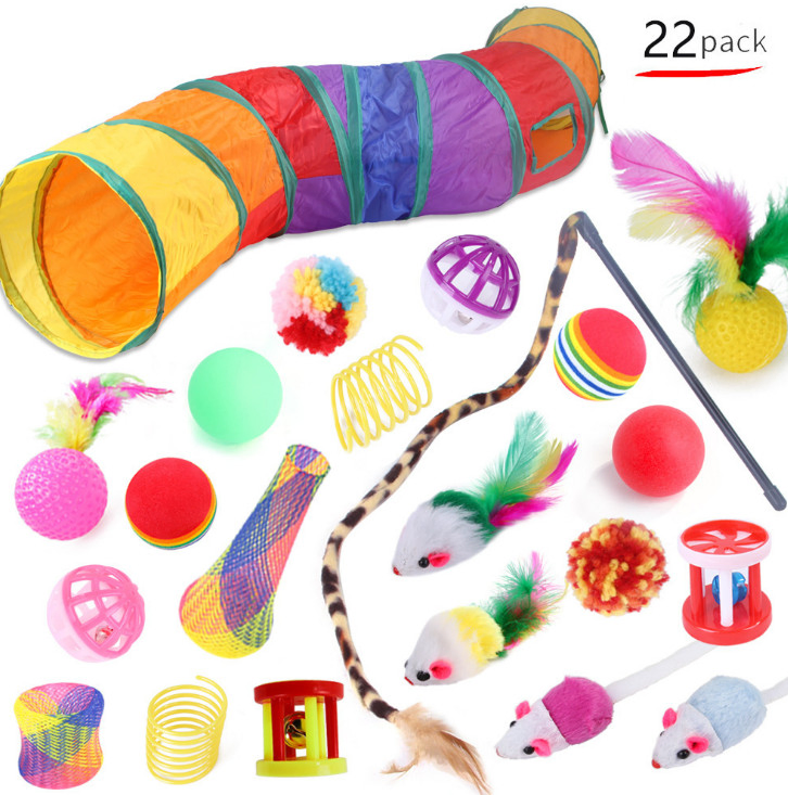 Amazon Hot Sale 21PCS/Pack Retractable Cat Toy Wand Kitten Cat Pet Toy Wire Chaser Wand Teaser Feather Toys with Cat Tunnel Toy Set