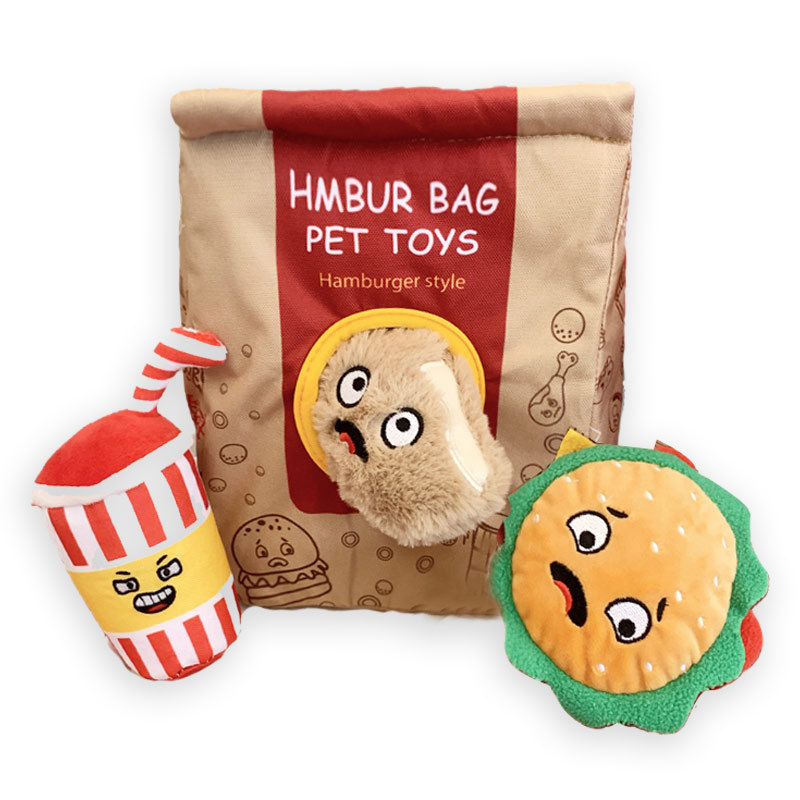 New Design Pet Squeaky Toys Gift Set Potato Chips Plush Dog Chew Toy Durable Hamburg Interactive Pet Plush Chew Toys