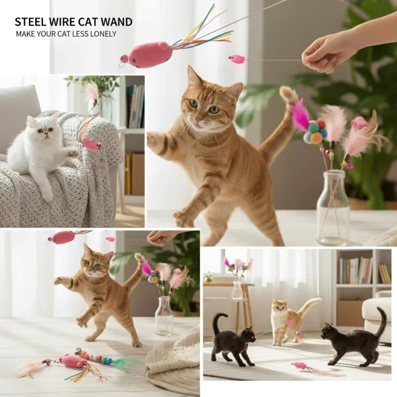 Factory Wholesale 2026 Interactive Teaser Wand Set with Feathers Bells Colorful POM Poms Fun Kitten Playtime Exercise Cat Toy