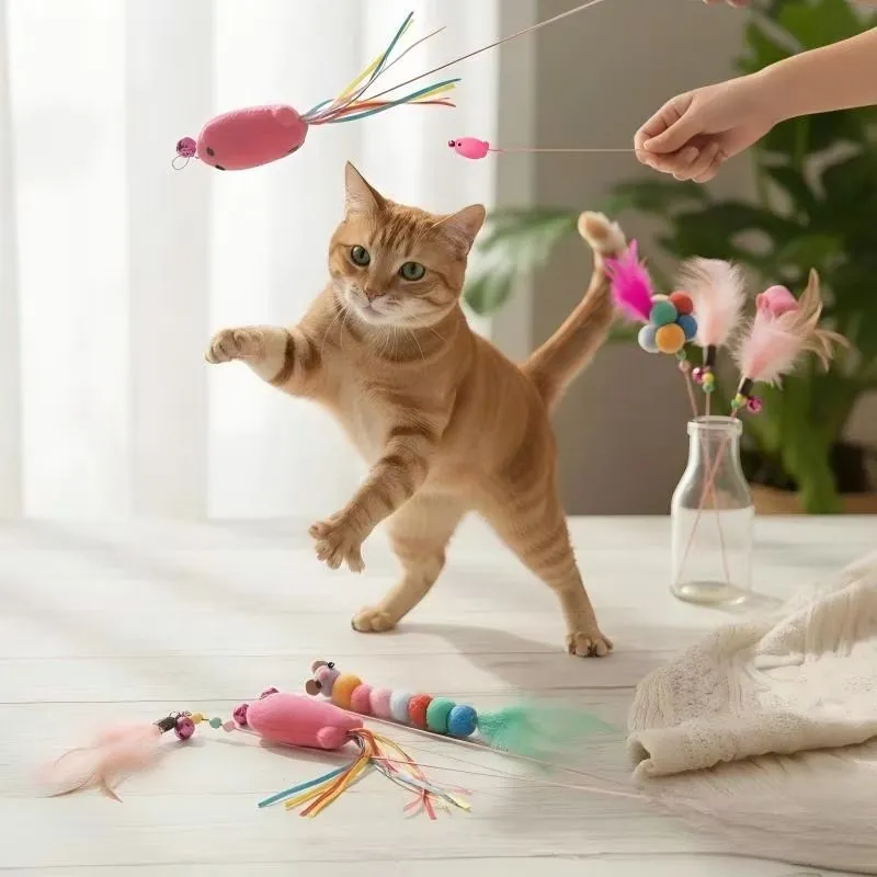 Interactive Teaser Wand Set with Feathers Bells Colorful POM Poms Fun Kitten Playtime Exercise Cat Toy