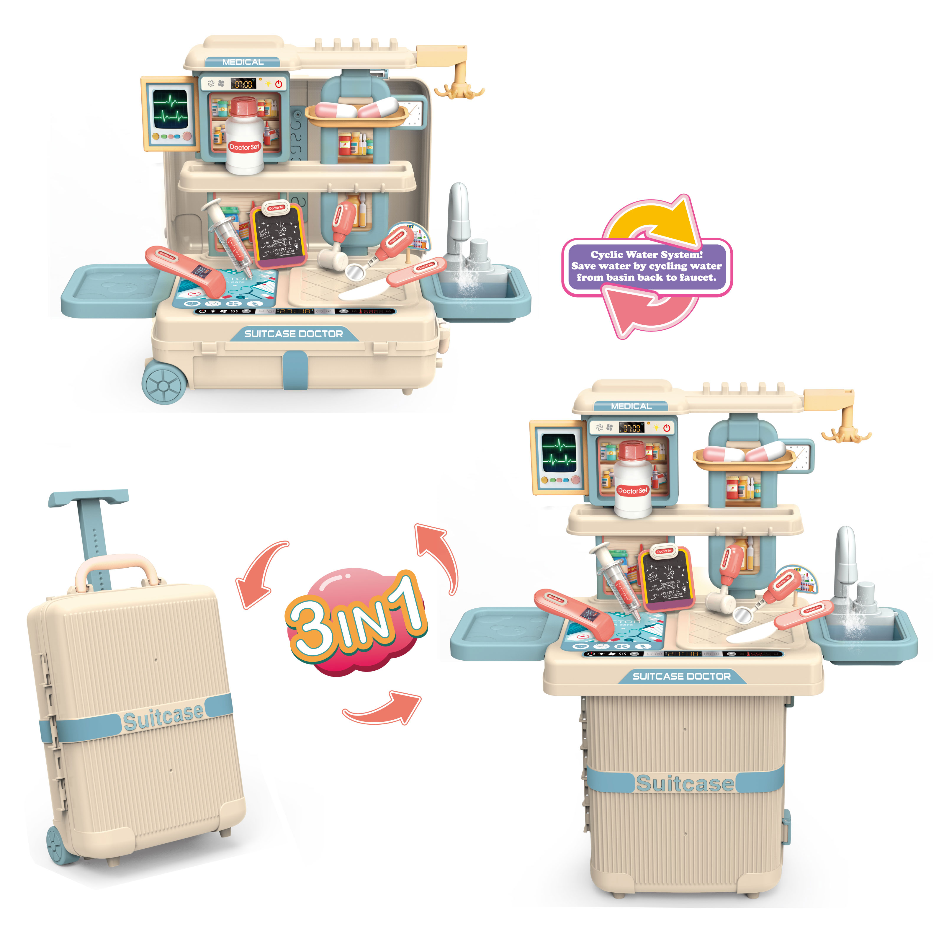 Multifunctional 3-in-1 Pet Suitcase Toy Cyclic Water System Pet Grooming Play Set for Pretend Play