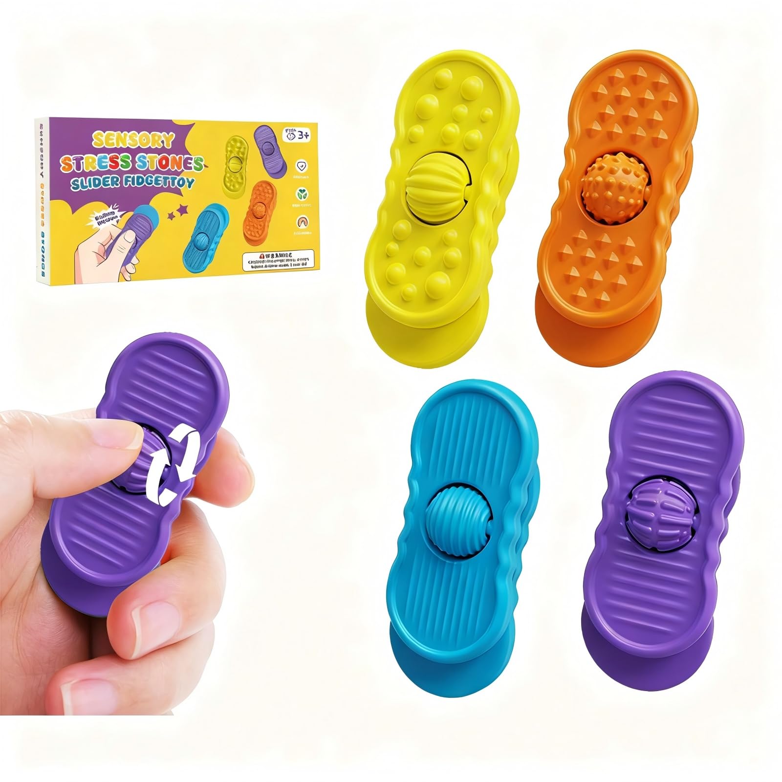Fidgets Rotating Stone Slider For Kids 4 Pack Sensory Fidget Antistress Toys For Autism &amp; ADHD, Calming Toys For Anxiety Relief