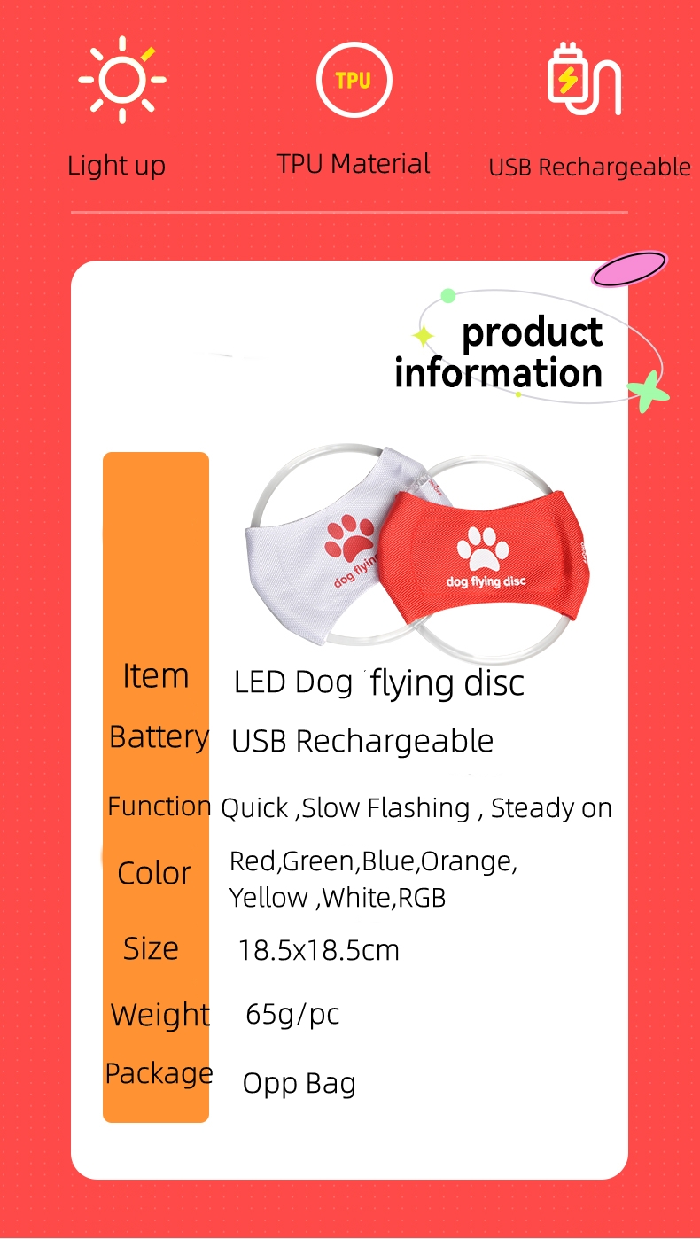 USB Rechargeable Eco-Friendly LED Flying Disc Outdoor Dog Fetch Night Luminous Light Training Pet Toy Nylon/Pu Fashion Design