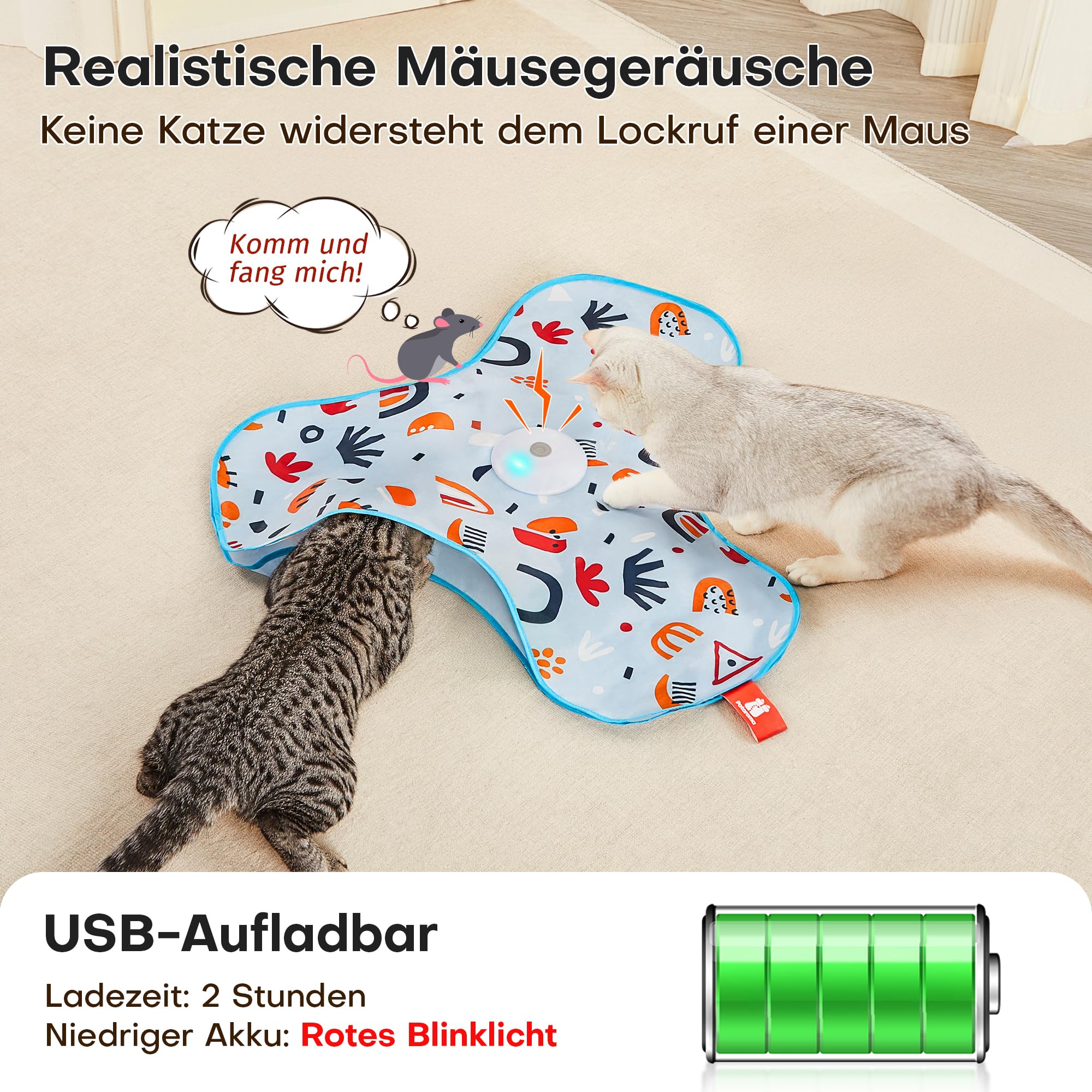 Rechargeable Smart Spring Cat Play Toy Floral Pattern Cover Touch Induction Mouse Sound Interactive Indoor Pet Exercise Toy