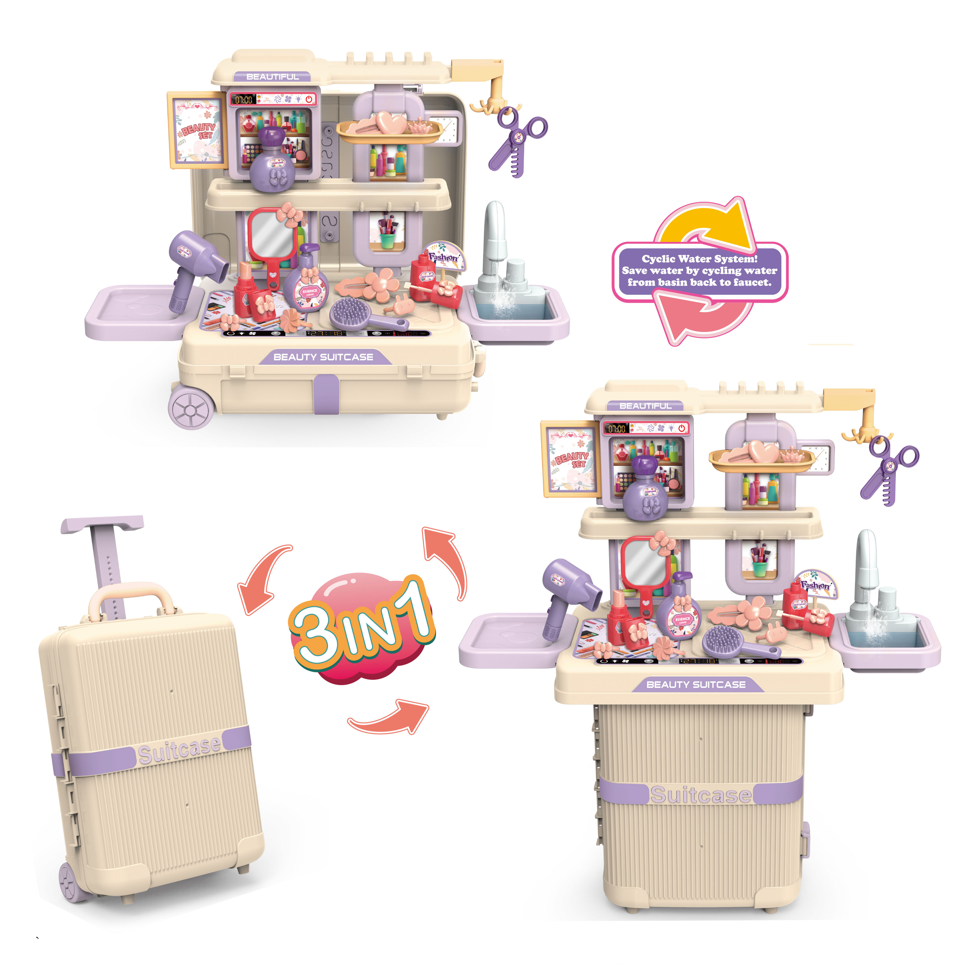 Multifunctional 3-in-1 Pet Suitcase Toy Cyclic Water System Pet Grooming Play Set for Pretend Play