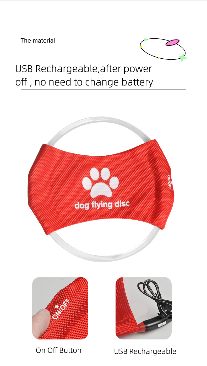 USB Rechargeable Eco-Friendly LED Flying Disc Outdoor Dog Fetch Night Luminous Light Training Pet Toy Nylon/Pu Fashion Design