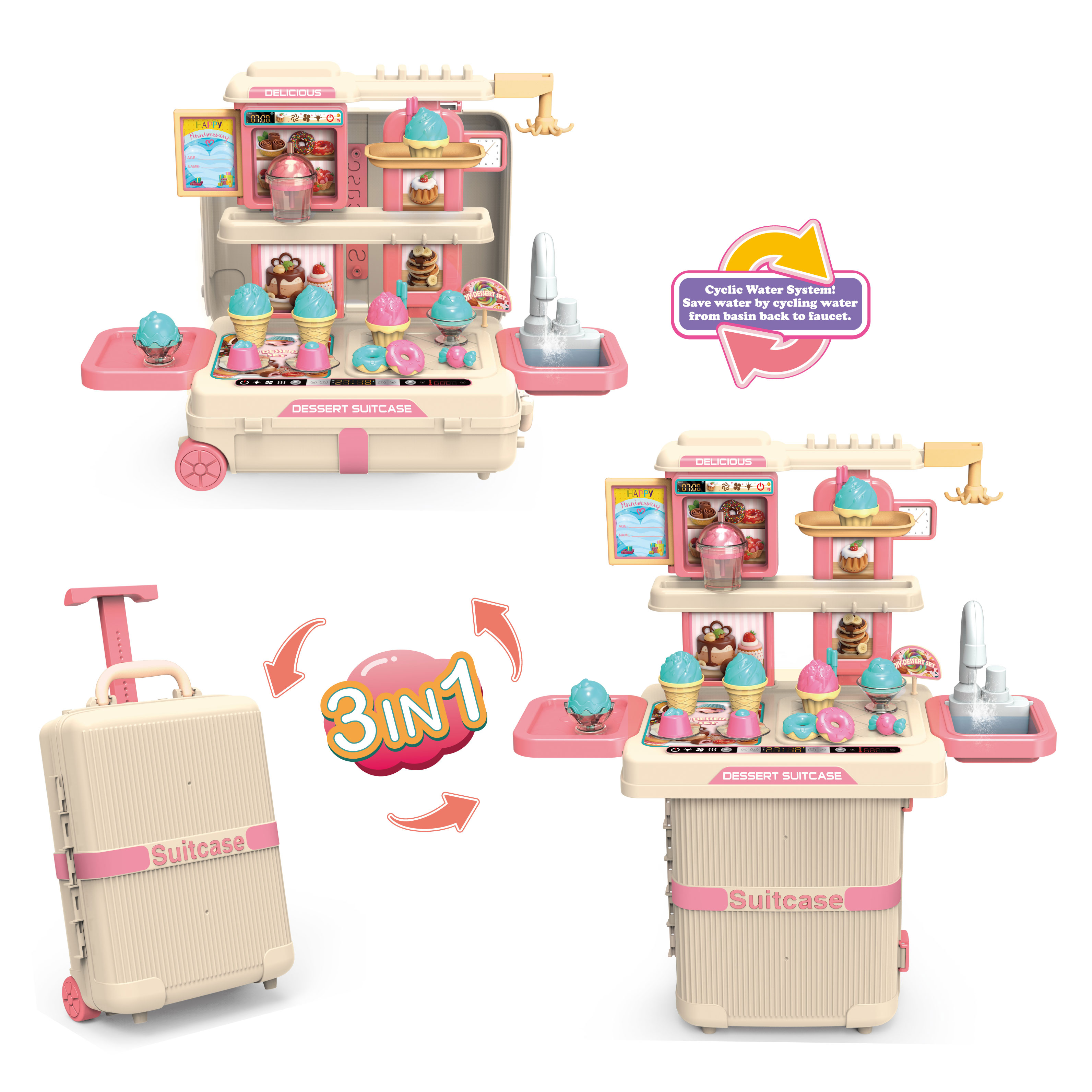 Multifunctional 3-in-1 Pet Suitcase Toy Cyclic Water System Pet Grooming Play Set for Pretend Play