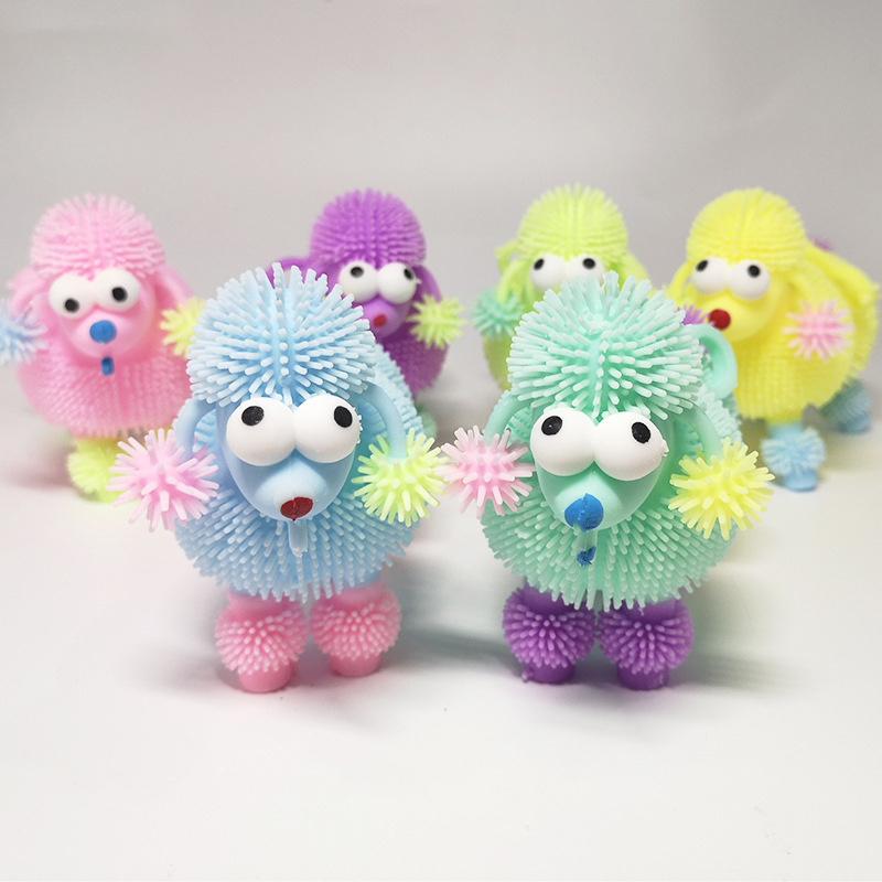 Hot Selling LED Flashing Flexible Hairy Poodle Dog Puffer Toy Colorful Relaxing Sensory Sticky Rubber Bouncy Squeeze Toy